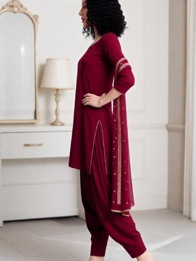 Adaa Bazaar Women's Wine Long Kurti -Pant with Dupatta