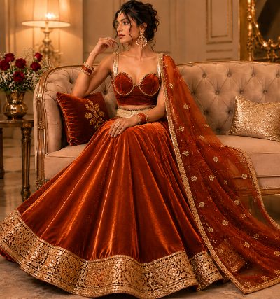 Adaa Bazaar Women’s Designer Velvet Lehenga Choli Set with Dupatta