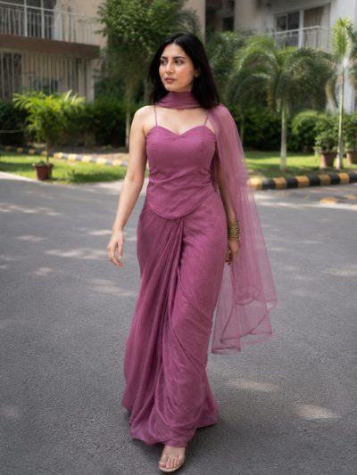 Adaa Designer Organza Drape Skirt with Sweetheart Neck Corset Blouse & Organza Dupatta