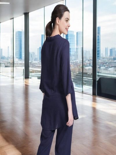 Adaa Bazaar Women's Navy Blue Colour Tunic & Pants Skipper Collar