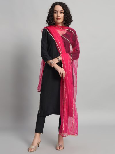 Adaa Bazaar Women's Readymade Suit (black) with Dupatta (pink)