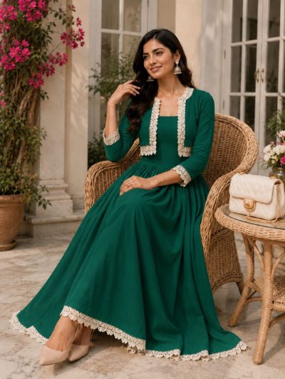 Adaa Bazaar Women's Cotton Cambric Calf-Length Dress with Half Jacket