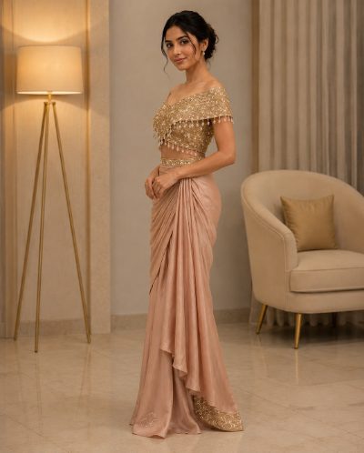 Adaa Bazaar Women's Beige Silk Draped Skit with Designer Blouse