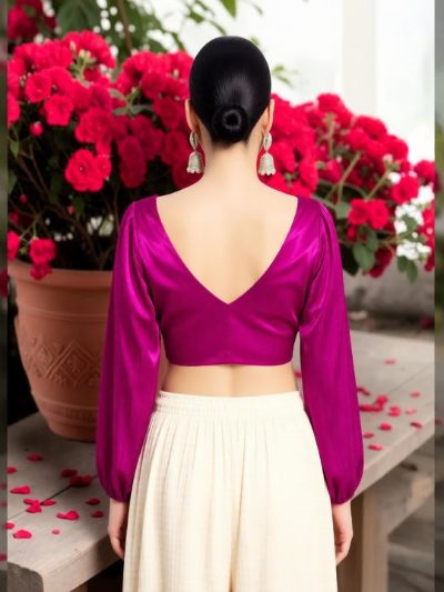 Magenta V Neck Full Sleeves Blouse with Organza Fabric