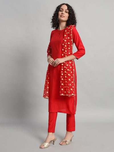 Adaa Bazaar Women's Readymade Suit (red) with Dupatta