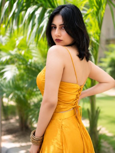 Adaa Designer Organza Drape Skirt with Sweetheart Neck Corset Blouse & Organza Dupatta
