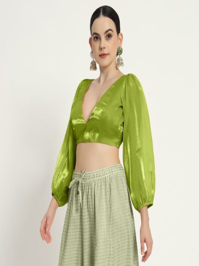 Neon V Neck Full Sleeves Blouse with Organza Fabric