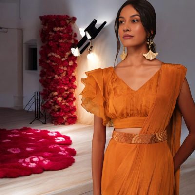 Adaa Bazaar Women's Light Orange Indo-Western Ready to Wear Saree with Stitched Blouse