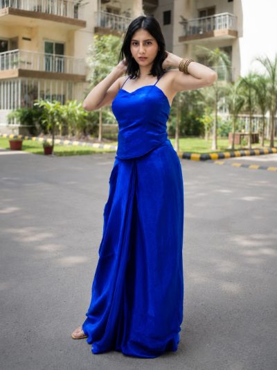 Adaa Designer Organza Drape Skirt with Sweetheart Neck Corset Blouse & Organza Dupatta