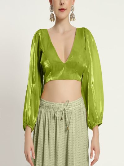 Neon V Neck Full Sleeves Blouse with Organza Fabric