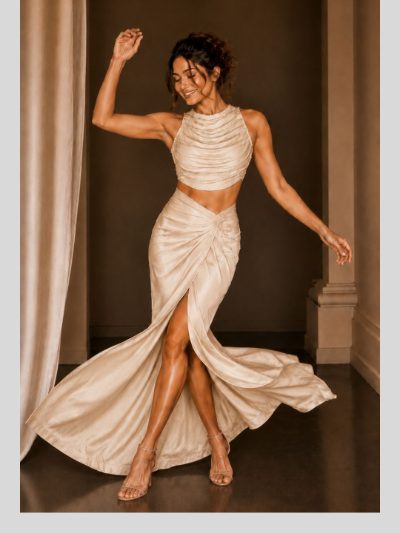 Adaa Bazaar Satin Draped Skirt Set with Ruched Halter Neck Crop Top