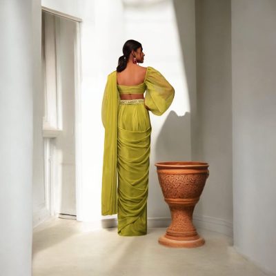 Adaa Bazaar Women's Sea Green Indo-Western Ready to Wear Saree with Stitched Blouse