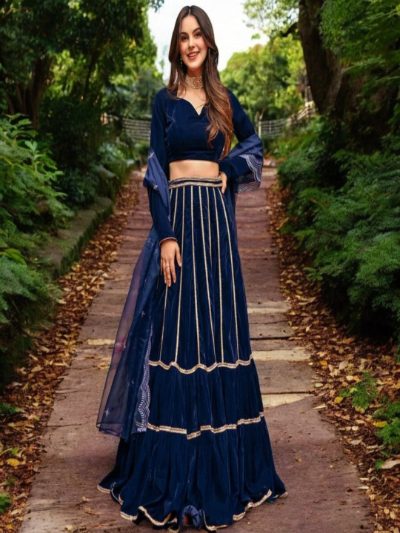Adaa Bazaar Women's Blue Velvet Lehenga Set with Gotta Patti Work