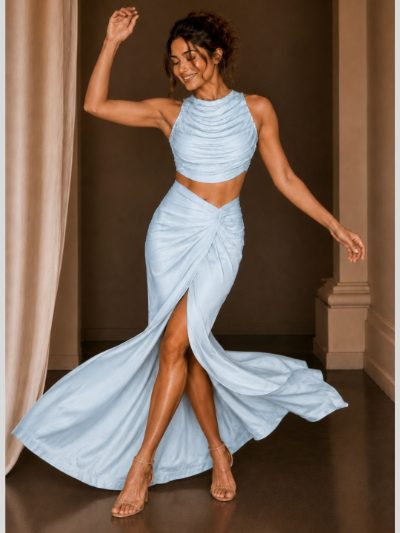 Adaa Bazaar Satin Draped Skirt Set with Ruched Halter Neck Crop Top