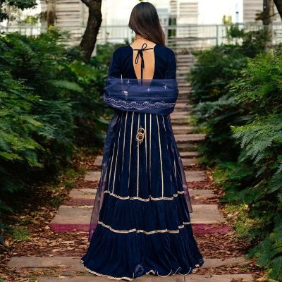 Adaa Bazaar Women's Blue Velvet Lehenga Set with Gotta Patti Work