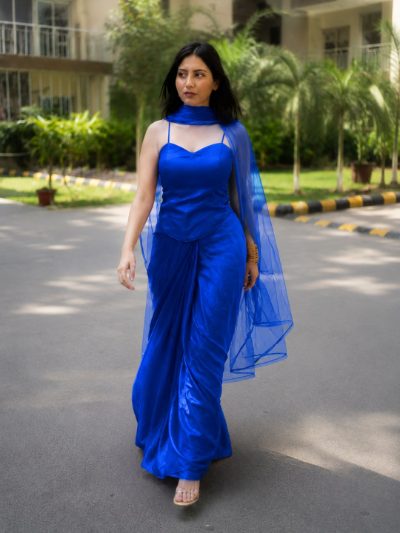 Adaa Designer Organza Drape Skirt with Sweetheart Neck Corset Blouse & Organza Dupatta