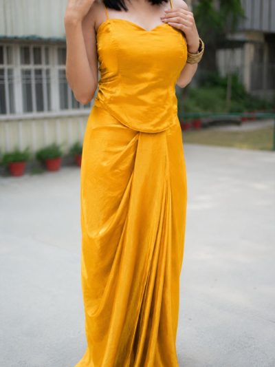 Adaa Designer Organza Drape Skirt with Sweetheart Neck Corset Blouse & Organza Dupatta