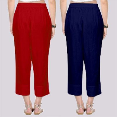 Adaa Bazaar Women's Combo of 2 Rayon Ankle Length Pant Red and Blue