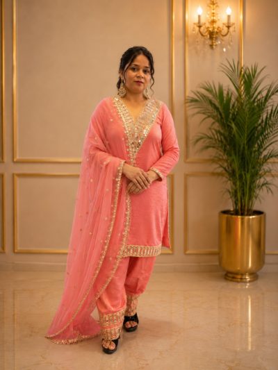 Adaa Bazaar Women's Pink Colour Sequin and Mirror Work Suits with Dupatta