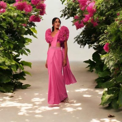 Adaa Bazaar Women's Hot Pink Indo-Western Ready to Wear Saree with Stitched Blouse
