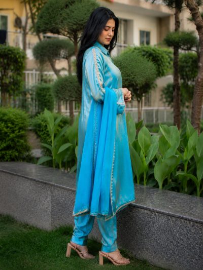 Adaa Bazaar Women's Sky Colour Sequin Work Less Suits with Dupatta