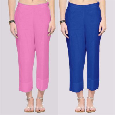 Adaa Bazaar Women's Combo of 2 Rayon Ankle Length Pant Pink and Blue