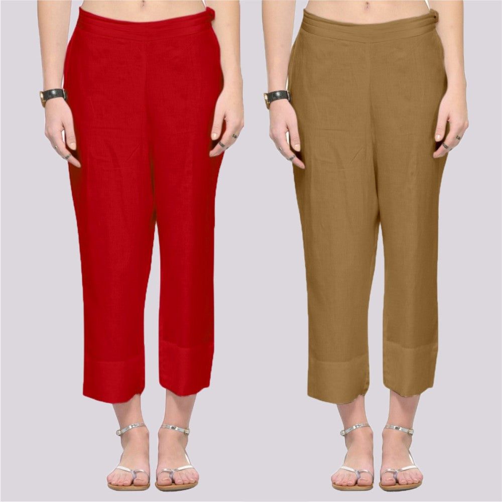 Adaa Bazaar Women's Combo of 2 Rayon Ankle Length Pant Red and Beige