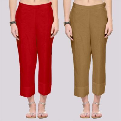 Adaa Bazaar Women's Combo of 2 Rayon Ankle Length Pant Red and Beige