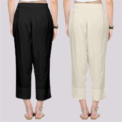 Adaa Bazaar Women's Combo of 2 Rayon Ankle Length Pant Black and Off White