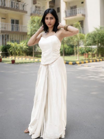 Adaa Designer Organza Drape Skirt with Sweetheart Neck Corset Blouse & Organza Dupatta