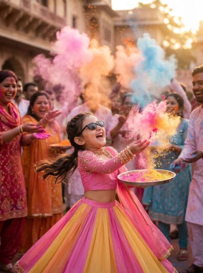 Adaa Bazaar Girls Pink & Yellow Hand Embroidery Lehenga Choli Set | Lightweight Festive Wear
