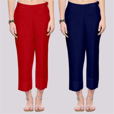 Adaa Bazaar Women's Combo of 2 Rayon Ankle Length Pant Red and Blue
