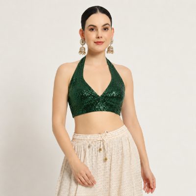 Adaa Bazaar Sequins Party Wear Cut Sleeves Stitched Halter Neck Blouse