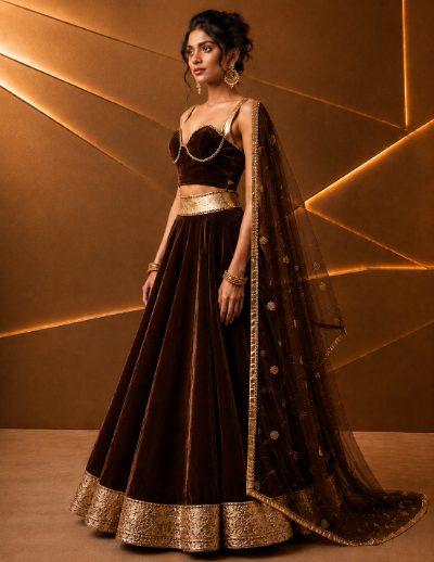 Adaa Bazaar Women’s Designer Velvet Lehenga Choli Set with Dupatta