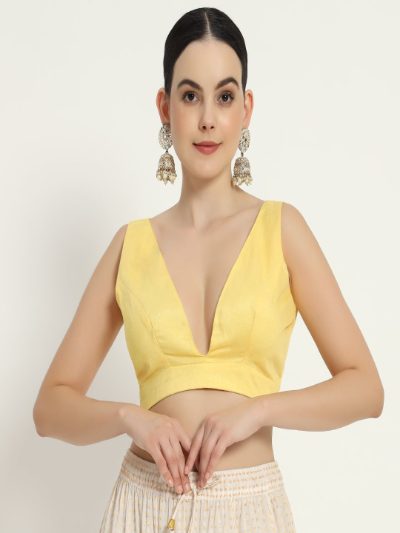 Adaa Bazaar Women's Readymade Yellow Blouse with Cut Sleeves