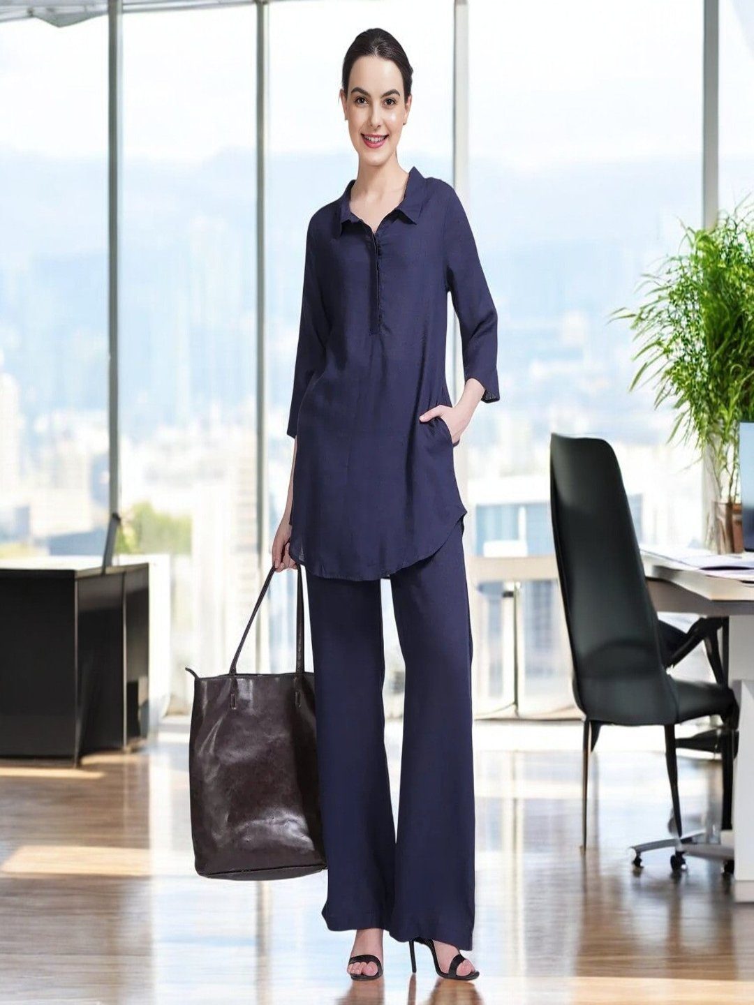 Adaa Bazaar Women's Navy Blue Colour Tunic & Pants Skipper Collar
