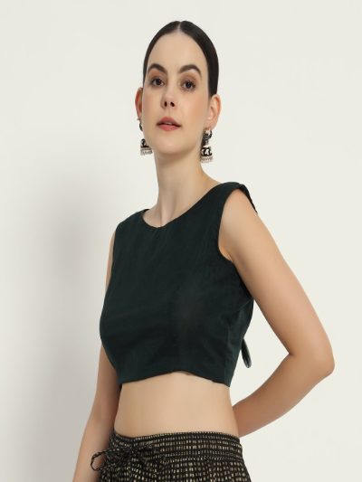 Adaa Bazaar Women's Readymade Bottle Green Blouse with Cut Sleeves