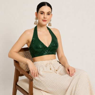 Adaa Bazaar Sequins Party Wear Cut Sleeves Stitched Halter Neck Blouse