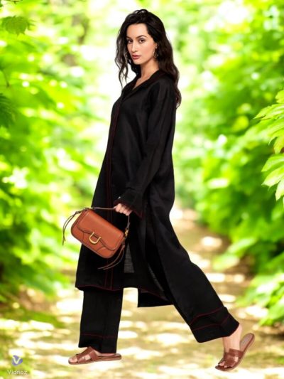 Adaa Bazaar Women's Black Long Sleeves with Smart Cut Straight Kurta with Tonal Solid Bottom