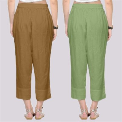Adaa Bazaar Women's Combo of 2 Rayon Ankle Length Pant Beige and Olive Green
