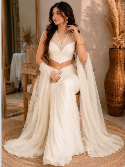 Adaa Bazaar Georgette Embellished Pre-Draped Skirt Set with Designer Halter Blouse and Dupatta