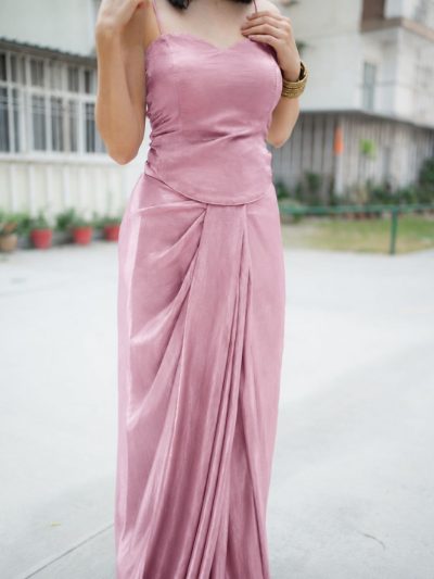 Adaa Designer Organza Drape Skirt with Sweetheart Neck Corset Blouse & Organza Dupatta