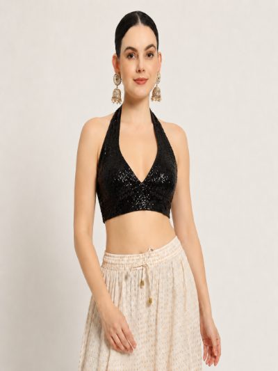 Adaa Bazaar Sequins Party Wear Cut Sleeves Stitched Halter Neck Blouse
