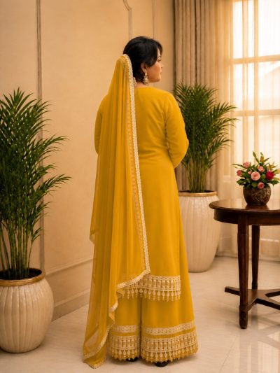 Adaa Bazaar Women's Yellow Colour Sequin and Mirror Work Suits with Dupatta