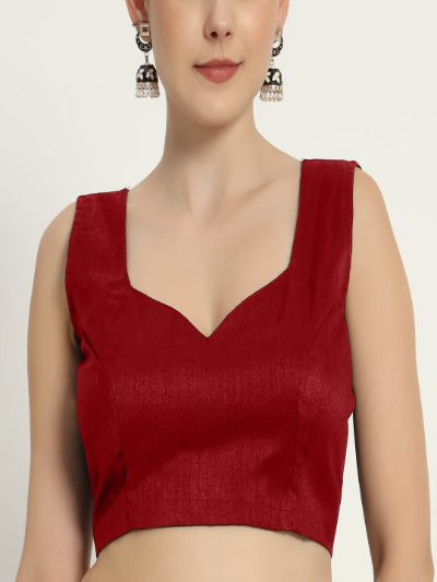 Adaa Bazaar Women's Readymade Red Silk Blouse Cut Sleeves