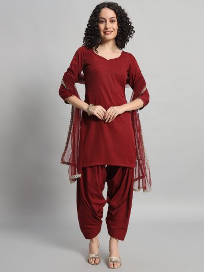 Adaa Bazaar Women's Readymade Patiala Suit (maroon) with Dupatta