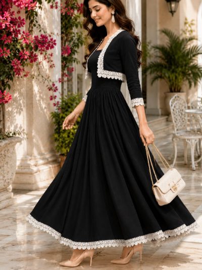 Adaa Bazaar Women's Cotton Cambric Calf-Length Dress with Half Jacket