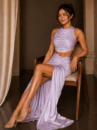 Adaa Bazaar Satin Draped Skirt Set with Ruched Halter Neck Crop Top