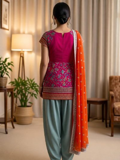 Adaa Bazaar Women's Readymade Party Wear Magenta and Sky Patiala Suit with Orange Dupatta