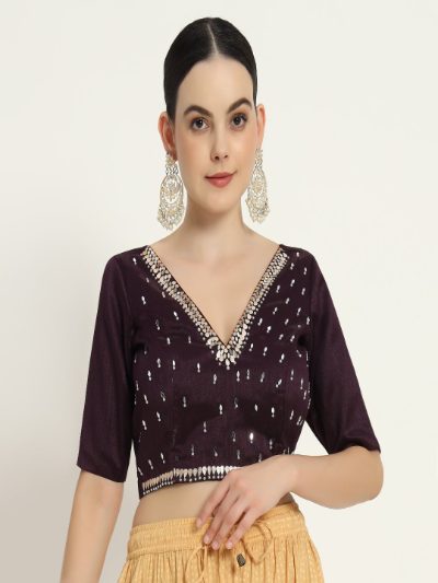 Adaa Bazaar Women's Readymade Wine Blouse with Half Sleeves